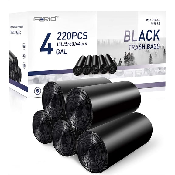 Small Black Trash Bags, 4 Gallon Garbage Bags, 220 Counts Strong Plastic Trash Can Liners 15 Liter for Kitchen Bathroom Office Waste Basket - Durable & Thick Trash Bag