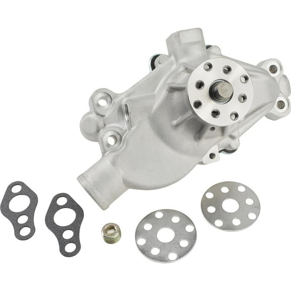 Small Block Chevy Performance Aluminum Water Pump, Short Style, T6 Casting, Curved Vane Impeller, Equal Flow, 3/4" Bearings, 5/8" Fan Pilot, Leak-Proof Seal, 5,500 RPM Max, IMCA 2023 Approved