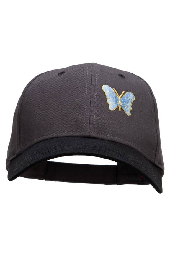Small Blue Decorative Butterfly Patched Two Tone Cotton Twill Low Profile Strap Cap - Black Charcoal OSFM