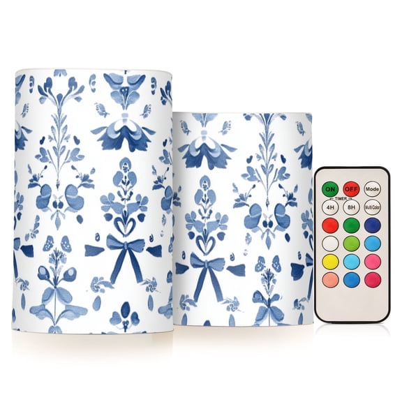 Small Blue Flowers and Bowknots Flickering Flameless Candles LED Tealight Battery Operated with Remote Set of 2 Holiday Decor Ornaments