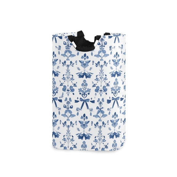 Small Blue Flowers and Bowknots Laundry Basket with Handles Foldable Laundry Hamper Freestanding Washing Bin 50L