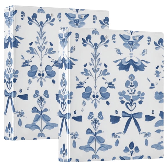 Small Blue Flowers and Bowknots Round Ring Binder 3 Rings 1.5" Capacity File Storage for A4 Size 2 Pack