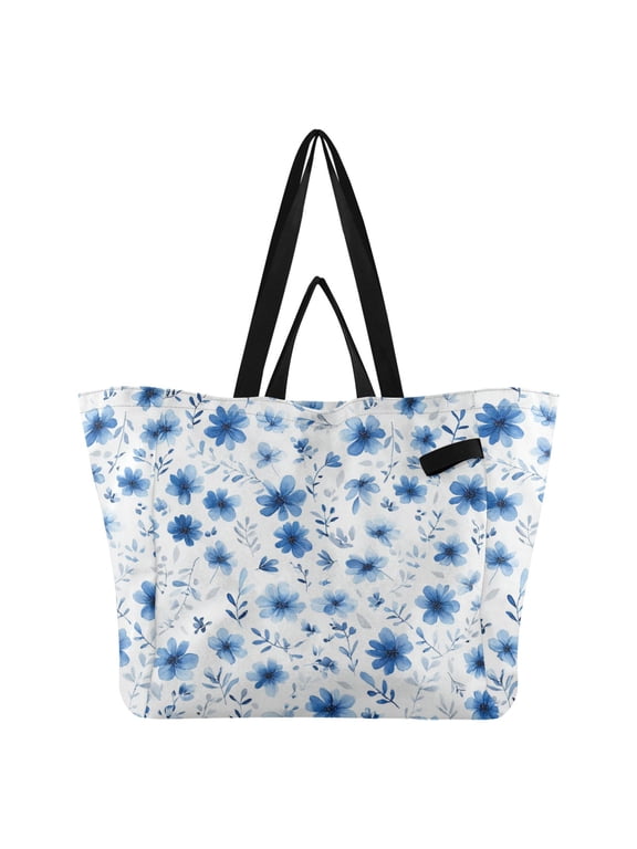 Small Blue Flowers and Leaves Foldable Canvas Tote Bags Reusable Grocery Bags Laundry Bags Beach Bag 32L