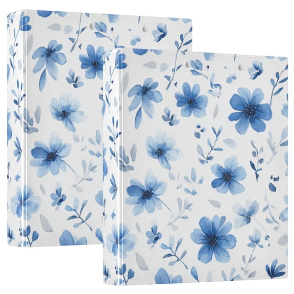 Small Blue Flowers and Leaves Round Ring Binder 3 Rings 1.5" Capacity File Storage for A4 Size 2 Pack