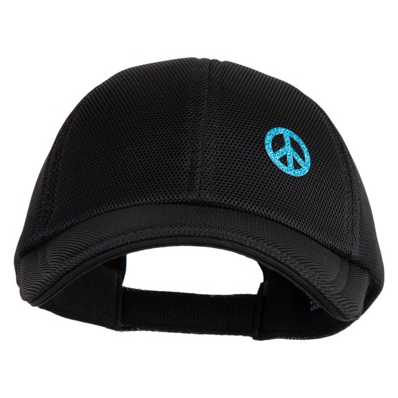 Small Blue Glitter Peace Sign Iron On Patched Deluxe Performance Mesh Cap - Black OSFM