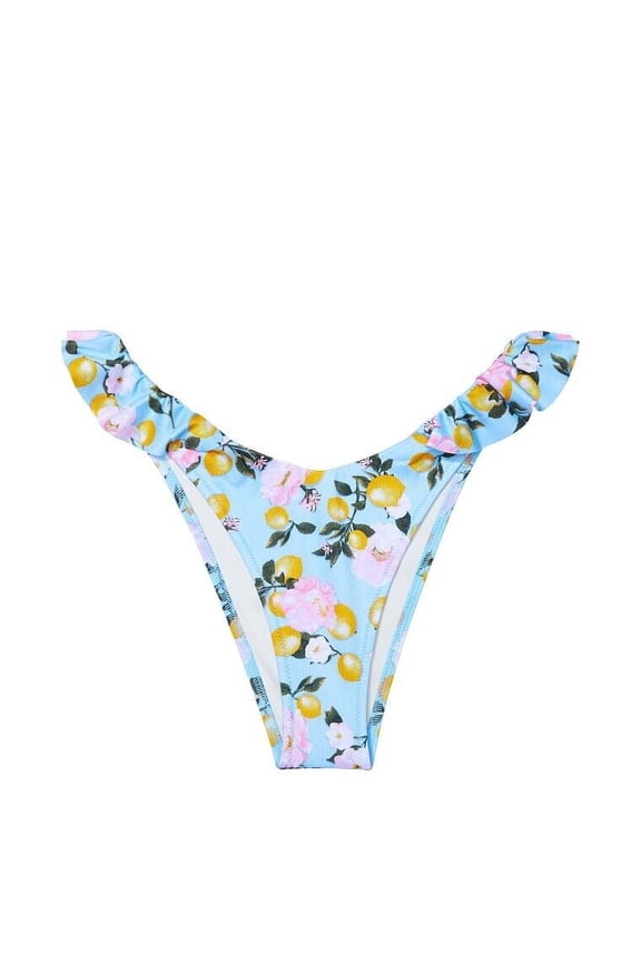 Small Blue Lemon Ruffle Brazilian Bikini Bottom Low Rise High-Cut Leg Logo Charm New