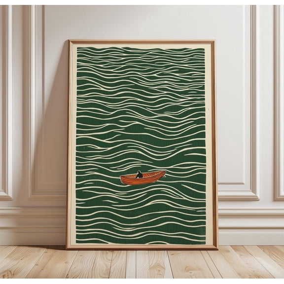 Small Boat Ocean Poster Green Wave Wall Art Minimal Linocut Art, Unframed Poster