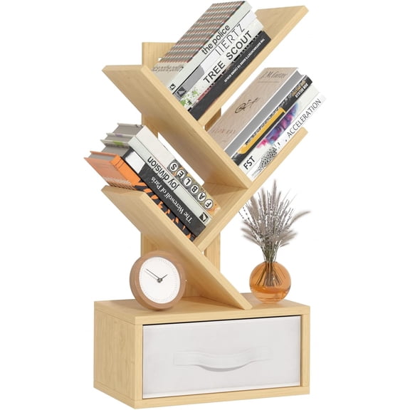 Small Book Shelf with Drawer,4 Tier Black Tree Bookshelf,Wooden Desktop Bookcase,Modern Desk Display Storage Bookshelves,Floor Standing Organizer Bookcases for Living Room,Bedroom,Office