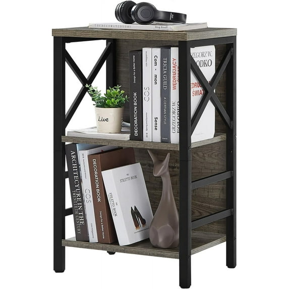 Small Bookcase,3 Tier Industrial Bookshelf with Metal Frame and Backboard,Low Grey Book Shelf,Book case for Small Spaces,Living Room,Bedroom and Home Office