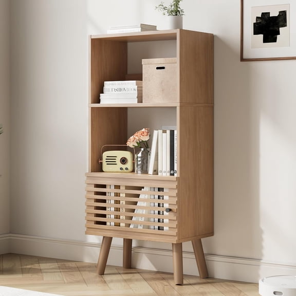 Small Bookcase, 43" H Open Shelf Cube Bookshelf with Slatted Door, Mid-Century Bookcase with 3 Cubes, Open Shelves Display Storage Cabinet for Living Room, Home Office, Oak