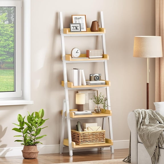 Small Bookcase, Ladder Shelf, 5-Tier Wall-Leaning Shelf, Freestanding Storage Rack, Display Stand, for Living Room, Home Office, Balcony, Bedroom, White and Natural WN151CJ01