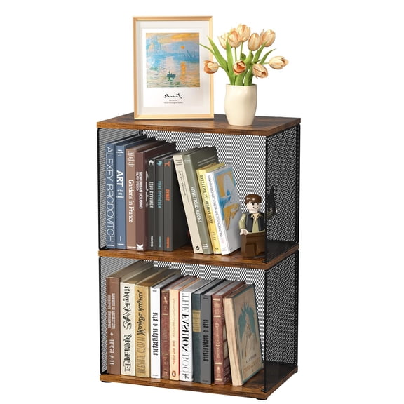 Small Bookshelf 2 Tiers For Spaces Diy Variable Stackable Cube Storage Organizer Bedroom Living Room Black Brown Wooden 2 Non-detachable