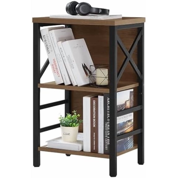 Small Bookshelf,3 Tier Industrial Bookcase with Metal Frame and Backboard,Low Rustic Brown Book Shelf,Book case for Small Spaces,Living Room,Bedroom and Home Office