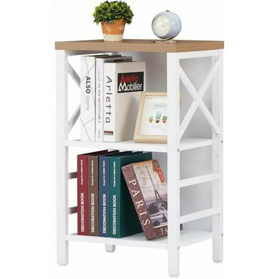 Small Bookshelf,3 Tier Industrial Bookcase with Metal Frame and Backboard,Low White Book Shelf,Book case for Small Spaces,Living Room,Bedroom and Home Office