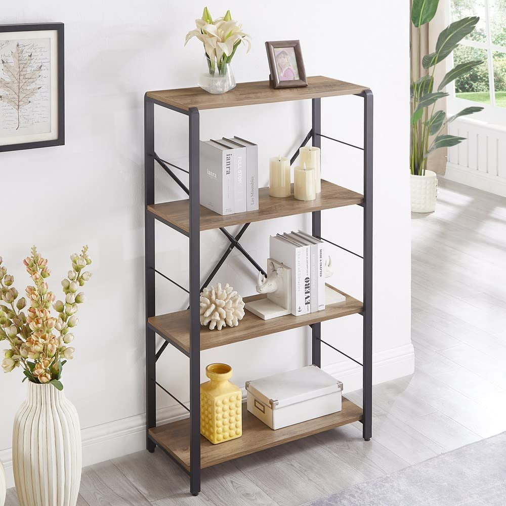 Small Bookshelf, 3 Tier Open Book Shelf, Rustic Wood and Metal Shelving