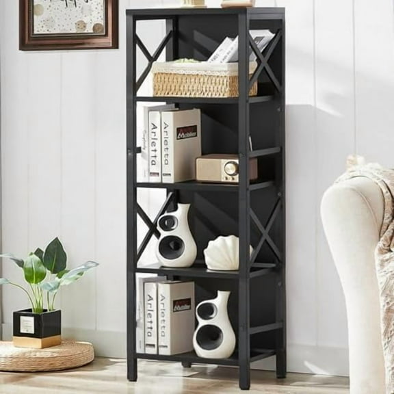 Small Bookshelf,5 Tier Industrial Bookcase with Metal Frame and Backboard,Narrow Black Book Shelf,Office Book case for Small Spaces,Living Room,Bedroom and Home Office