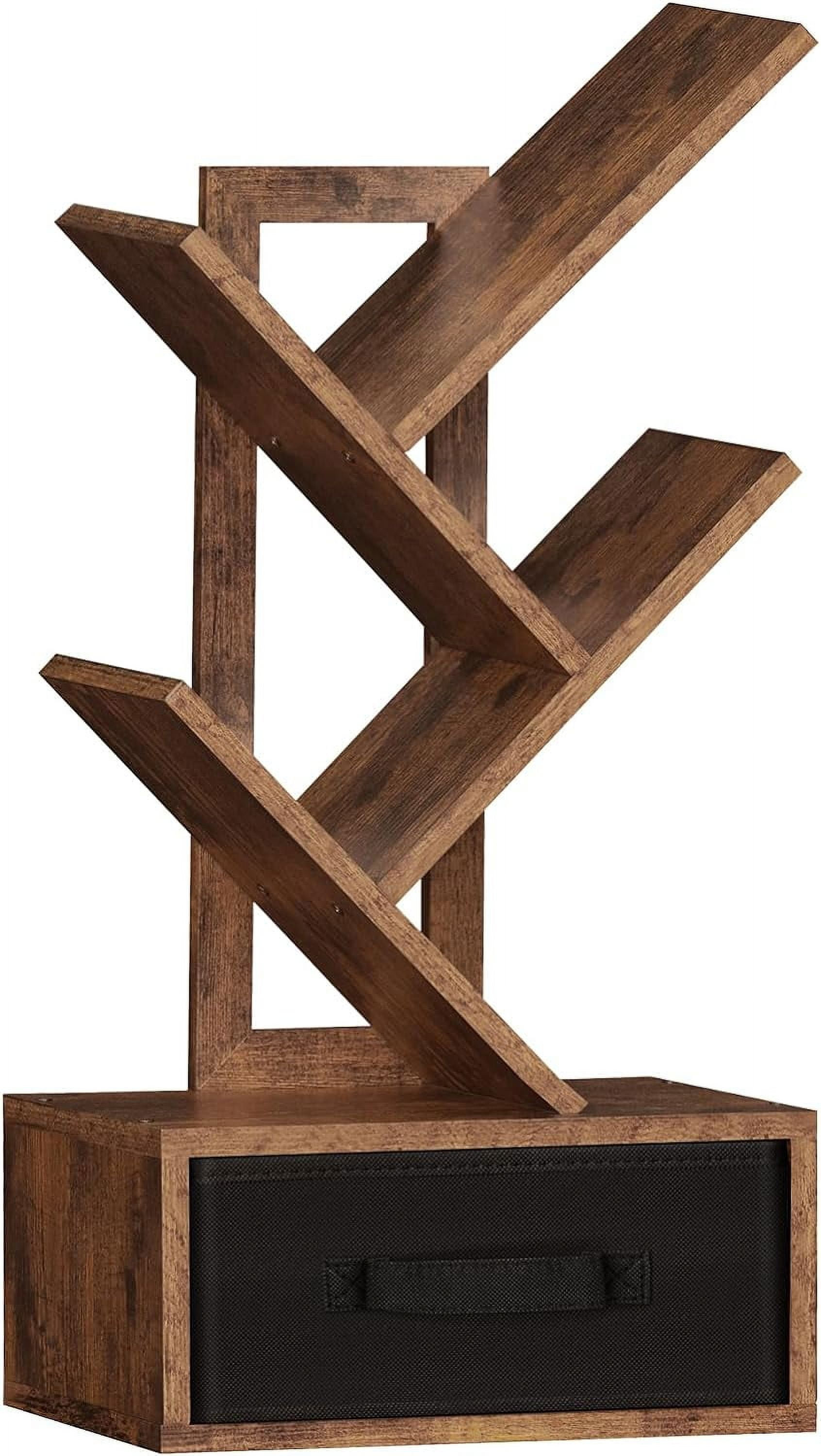 Retro Brown 4-Tier Wood Tree Bookshelf with Drawer