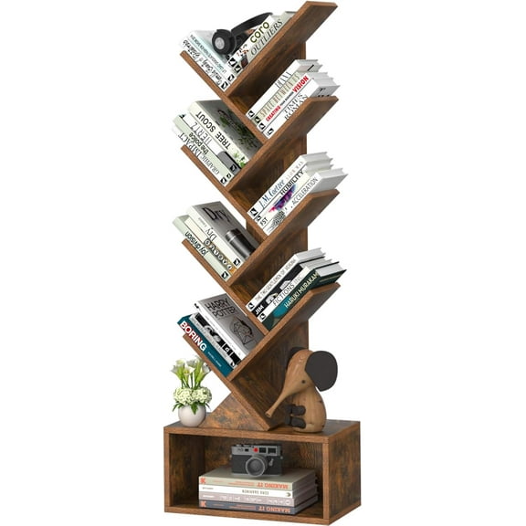 Small Bookshelf with Drawer,4 Tier Tree Book Shelf,Wood Desk Bookshelves,Modern Free Standing Desktop Display Shelves,Brown Floor Standing Organizer Bookcase for Living Room,Bedroom,Office