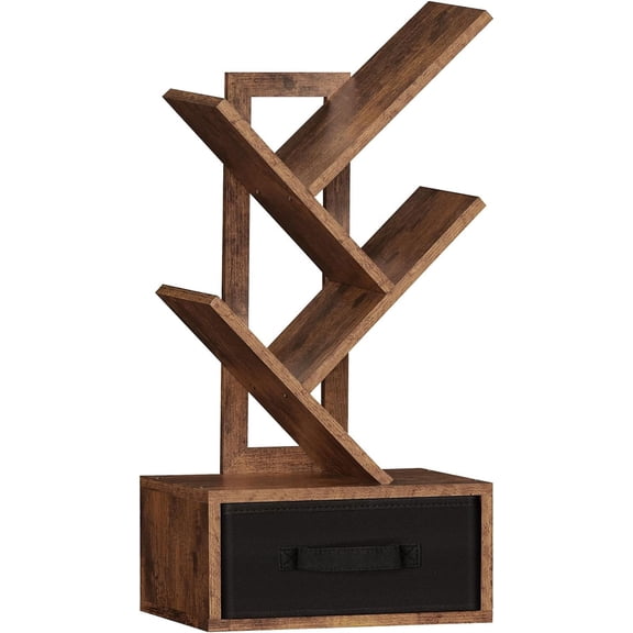 Small Bookshelf with Drawer,4 Tier Tree Book Shelf,Wood Desk Bookshelves,Modern Free Standing Desktop Display Shelves,Brown Floor Standing Organizer Bookcase for Living Room,Bedroom,Office
