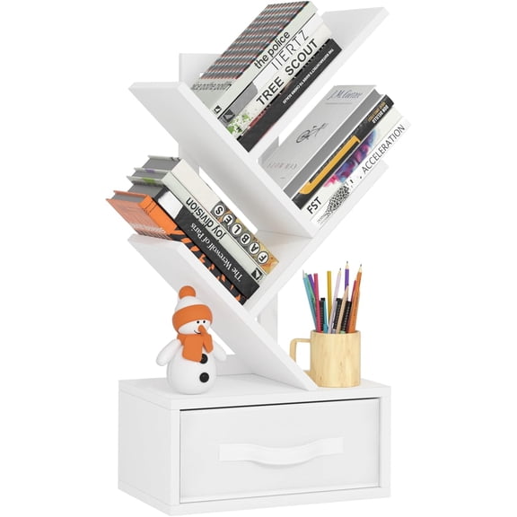 Small Bookshelf with Drawer,4 Tier Tree Book Shelf,Wood Desk Bookshelves,Modern Free Standing Desktop Display Shelves,White Floor Standing Organizer Bookcase for Living Room,Bedroom,Office