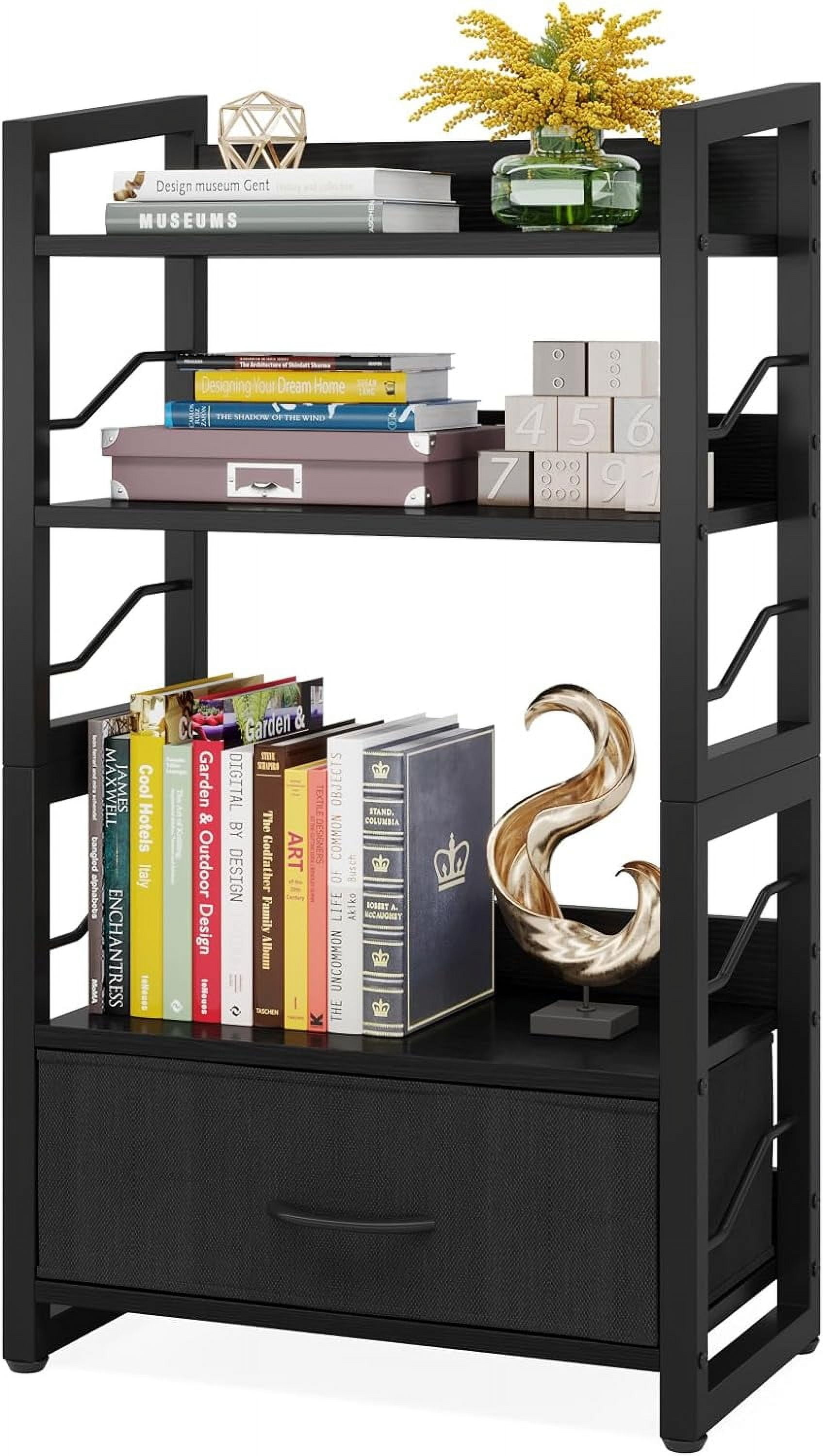 Small Bookshelf with Drawer: 4-Tier Wood Book Shelf Industrial Narrow ...
