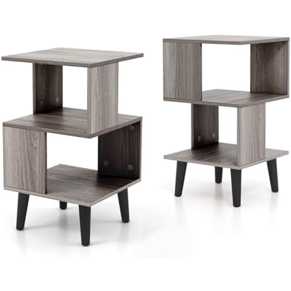 Small Bookshelf Set of 2, Wood Bookcase with 2 Shelf Storage, Modern Side Table with Shelves, Bookshelves for Small Spaces, Geometric Book Shelf for Bedroom, Living Room, Home Office