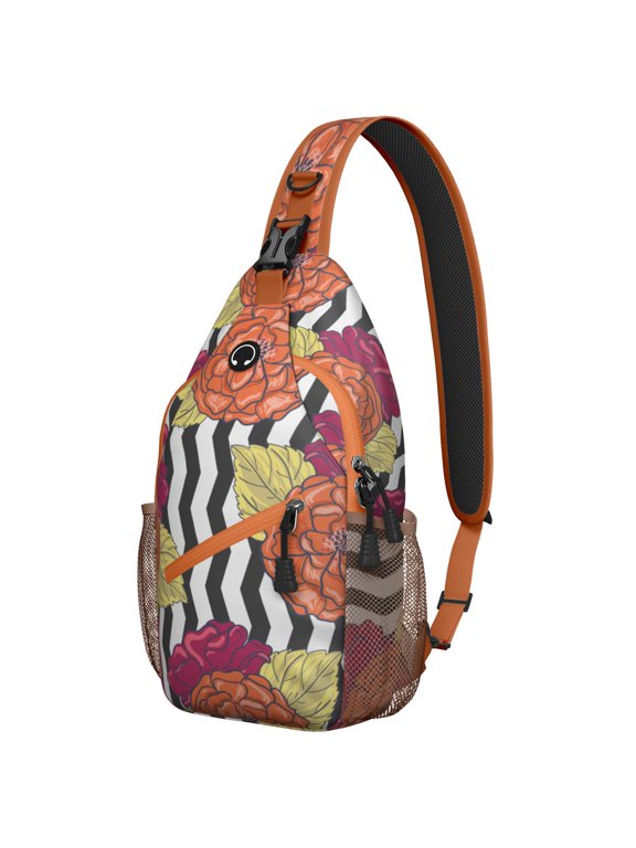 Small Botanical Floral Sling Backpack for Travel, Lightweight Aesthetic Crossbody Shoulder Bag with Bloom Artwork, Retro Hiking Daypack