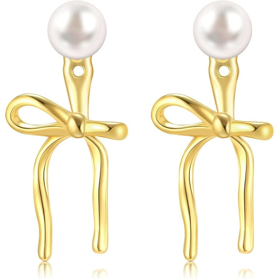 Small Bow Drop Dangle Earrings for Women 14K Gold Plated Cute Mini Heart Pearl Stud Earring Jackets for Women