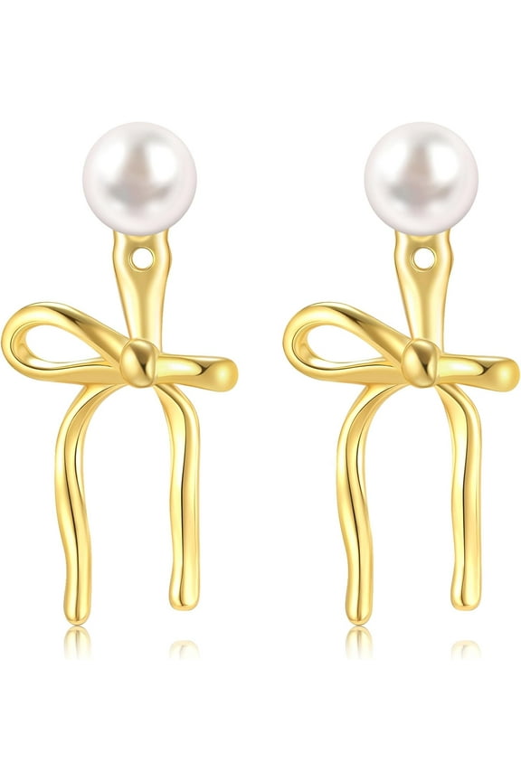 Small Bow Drop Dangle Earrings for Women 14K Gold Plated Cute Mini Heart Pearl Stud Earring Jackets for Women