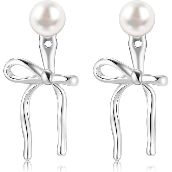 Small Bow Drop Dangle Earrings for Women 14K Gold Plated Cute Mini Heart Pearl Stud Earring Jackets for Women