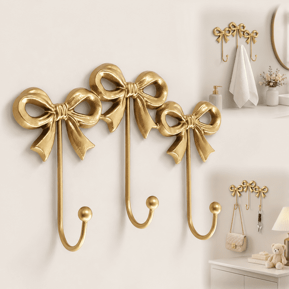 Small Bow Wall Hook, Gold Wall Mounted Decorative Hook, Three-Bows Cast Iron Hook for Coats, Bags, Bath Towels, Girls Room, Bathroom and Office Wall Decor