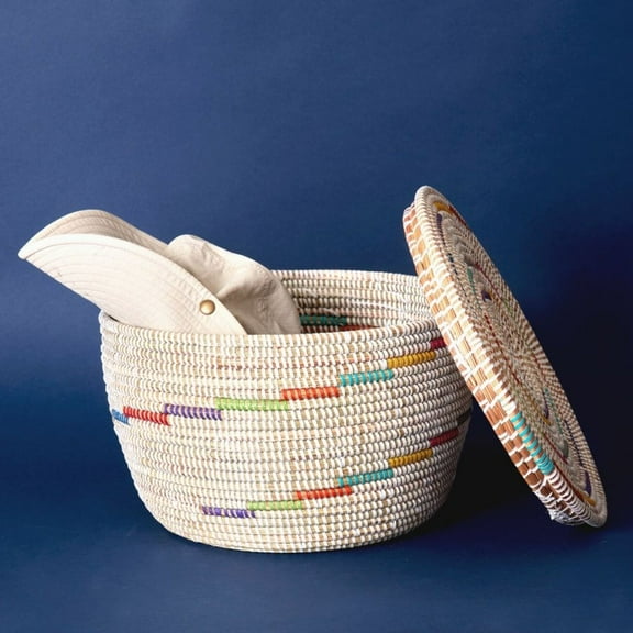 Decorative Wicker Baskets for Living Room, Small Shelf Baskets, Flat Lid, White Colorful