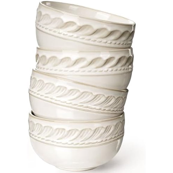 Small Bowls Set of 4, 12 oz Ceramic Embossment Dessert Bowls, white Bowl for Kitchen, Ice Cream, Side Dishes, Rice, Cereal, Fruit, 4.5 Inch, Microwave & Dishwasher Safe, Willow Leaf
