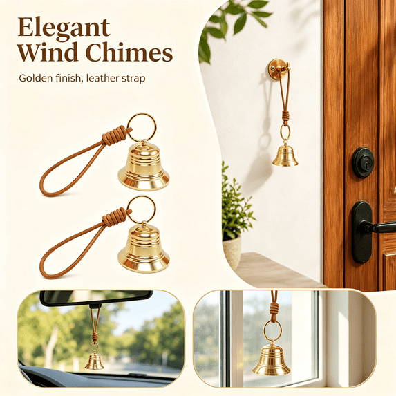 Small Brass Hanging Bell for Door Knob, Vintage Gold Doorbell Chime on Leather Rope, Decorative Entry Bell for Front Door, Shop Garden Christmas Gift