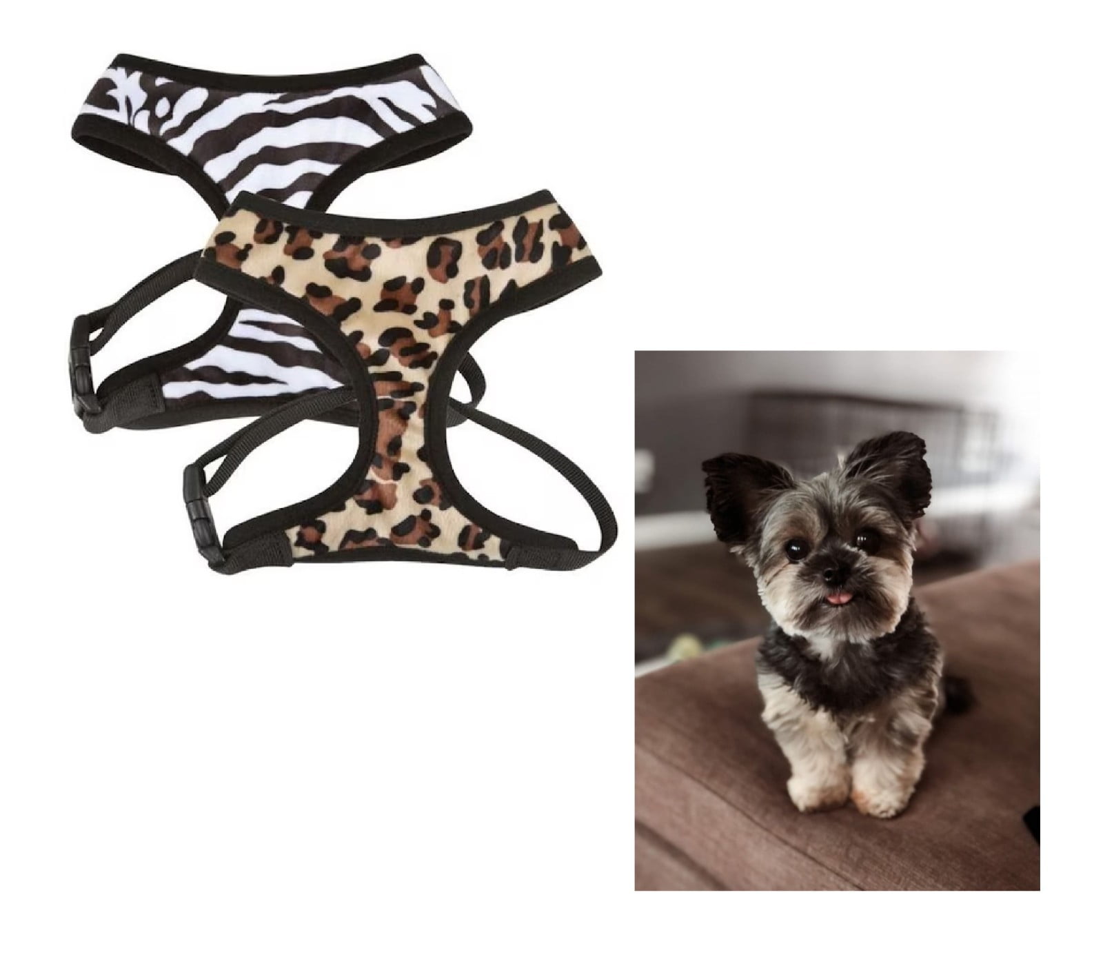 Small Breed Dog Harness Cheetah or Zebra Plush Adjustable Chest Strap and D Ring (Full Set xSmall - Both Prints)