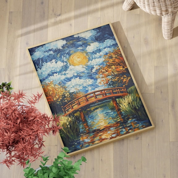 Small Bridge Over Flowing Water Van Gogh Inspired Starry Sky Moonlit Japanese Wooden Arch Wall Art, Unframed Poster