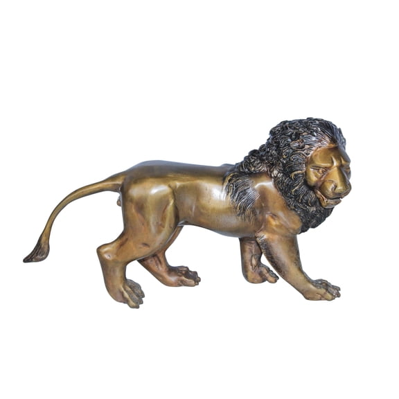 Small Bronze Lion Sculpture Walking Pose Animal Art 15" x 5" x 8"H