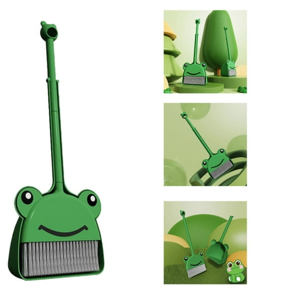 Small Broom with Dustpan for Kids Small Cleaning Set Toys–Frog Green