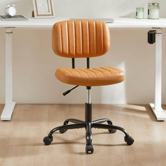 Small Brown PU Leather Armless Office Chair, Deluxe Low Back Desk Chair with Lumbar Support for Small Spaces