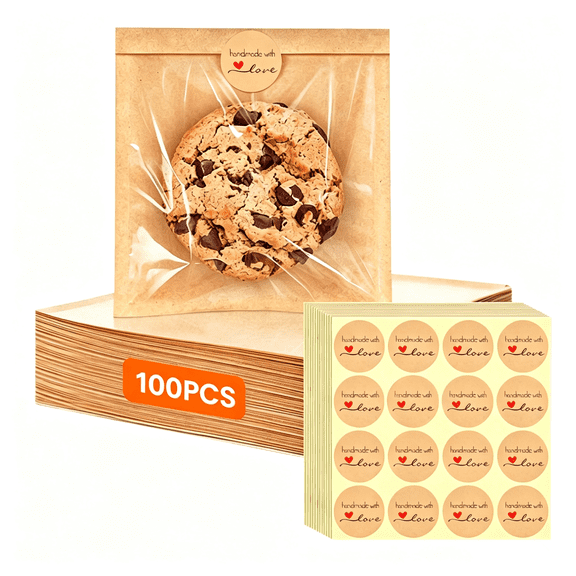 100 Count Window Kraft Paper, Cookie Sandwich Bags for Homemade Treat Packaging