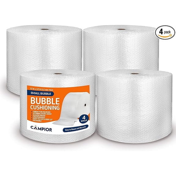 Small Bubble Cushioning Wrap for Moving and Shipping - 175 Ft Bubble Packing Wrap for Packaging Boxes and Mailers, Clear Bubble Roll Moving Supplies, Perforated Every 12 inches, Pack of 4
