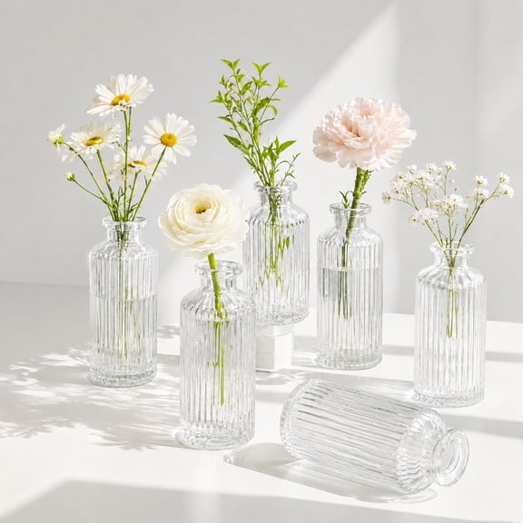 Small Bud Vases Set of 6,Glass Bud Vase in Bulk,Mini Flower Vase for Centerpiece,Vintage Decorative Vase for Flowers,Wedding,Home Decor,Housewarming Gift (Clear)