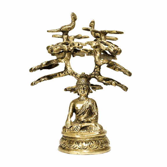 Small Buddha Seated Under Bodhi Tree Brass Statue