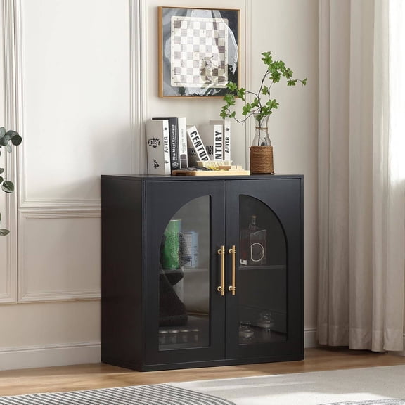 Small Buffet Cabinet with 2 Arched Glass Doors for Showcase, 31.5'' Modern Buffet Sideboard Coffee Bar Cabinet with Two Adjustable Shelves,for Living Room,Kitchen and Entryway,Black