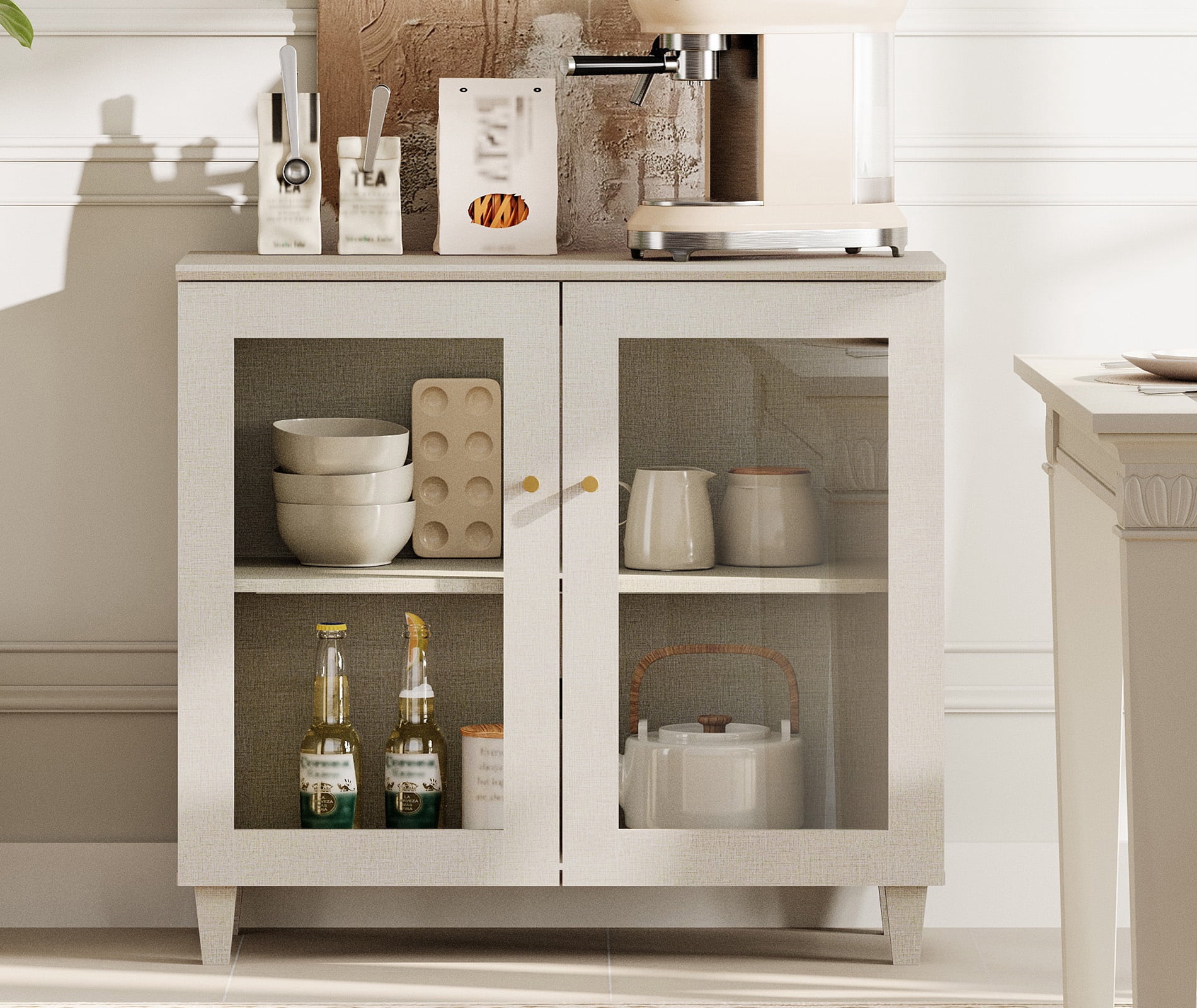 Small Buffet Cabinet Sideboard With Glass Doors, Adjustable Shelf and Cable Management For Kitchen Dining Room, 36" W, Beige Wood