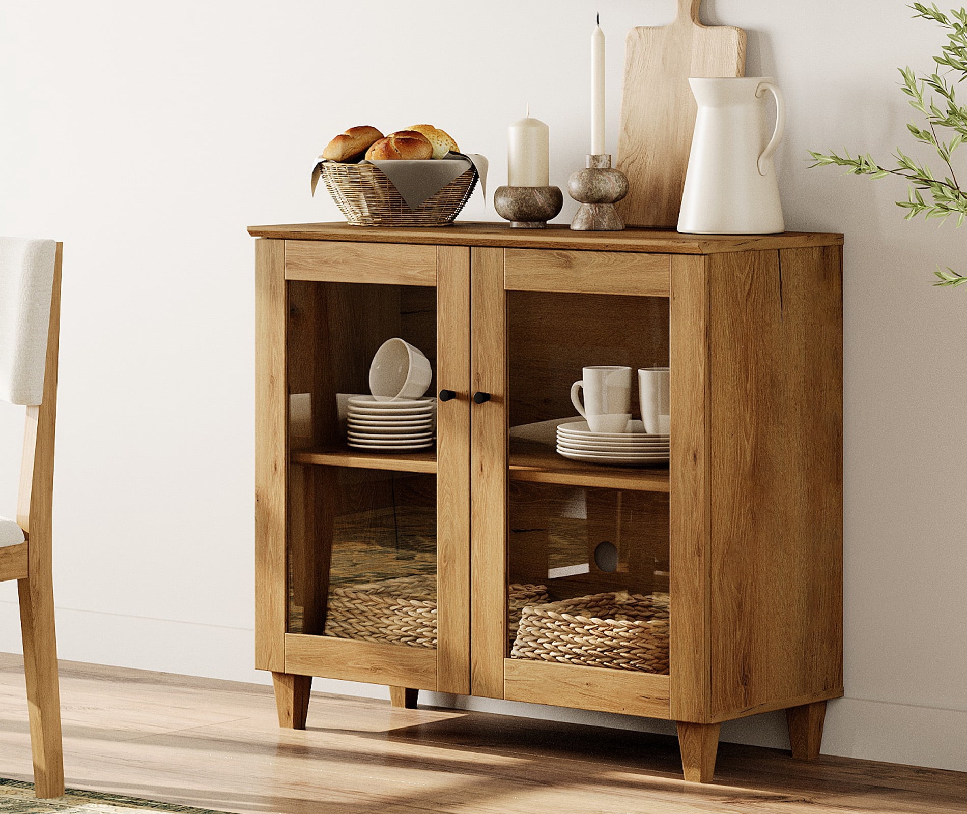 Small Buffet Cabinet Sideboard With Glass Doors, Adjustable Shelf and Cable Management For Kitchen Dining Room, 36" W, Brown Wood