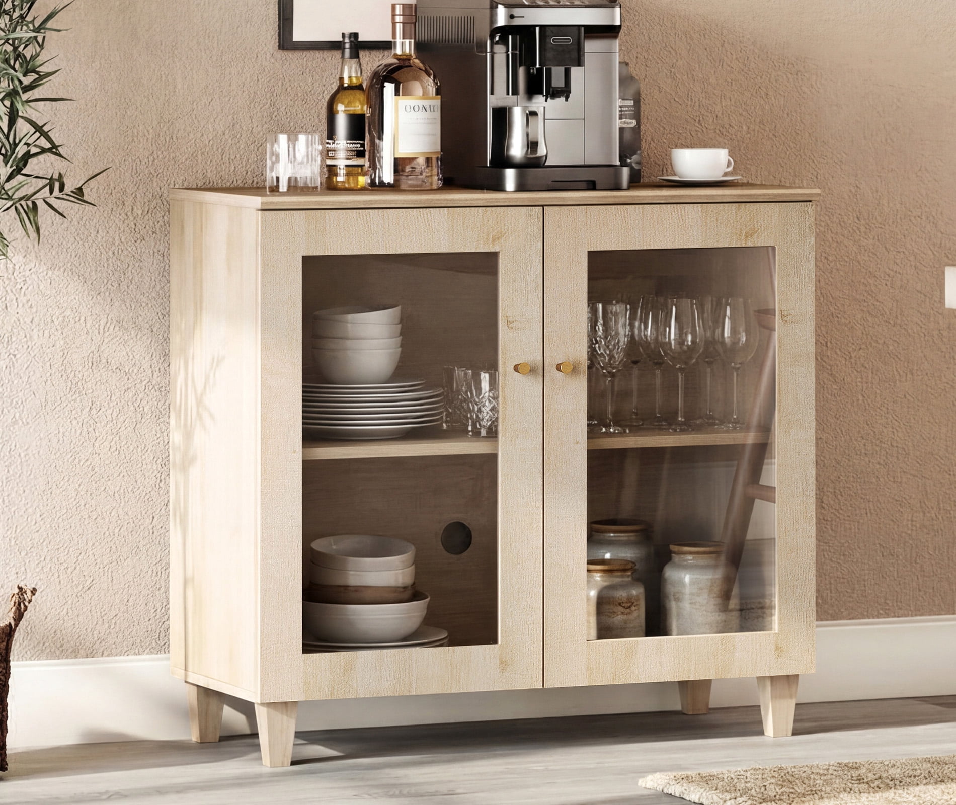 Small Buffet Cabinet Sideboard With Glass Doors, Adjustable Shelf and Cable Management For Kitchen Dining Room, 36" W, White Oak Wood