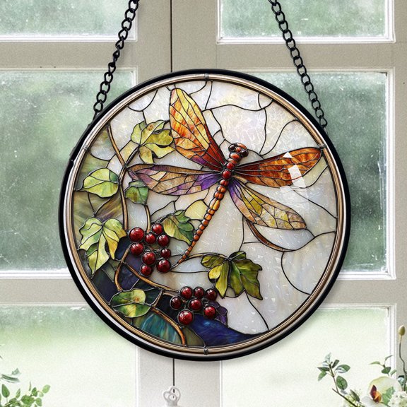 Small Business Christmas Gift - Dragonfly Plant Xmas Stained Glass Hanging Ornament - Minimal Holiday Tree Decor, Christmas Gift for Mom, Dad, Friends