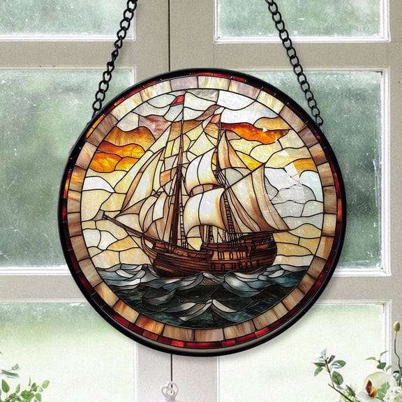 Small Business Christmas Gift - Sailing Ocean Ship Christmas Stained Glass Hanging Ornament - Sparkling Holiday Tree Decoration, Xmas Gift for Friends & Family, 2025 Keepsake