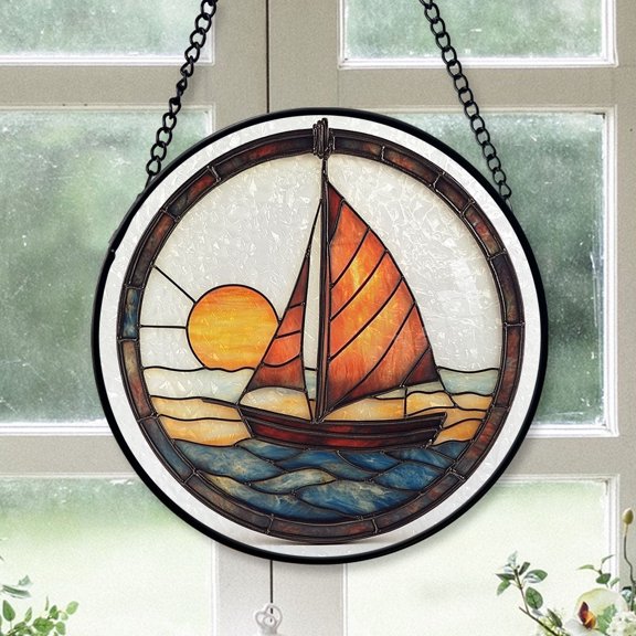 Small Business Christmas Gift - Sun Ocean Sailboat Seagull Glossy Stained Glass Sun Catcher - Classic Christmas Tree Decor, Xmas Gift for Mom, Dad, Family, Friends, Collectible